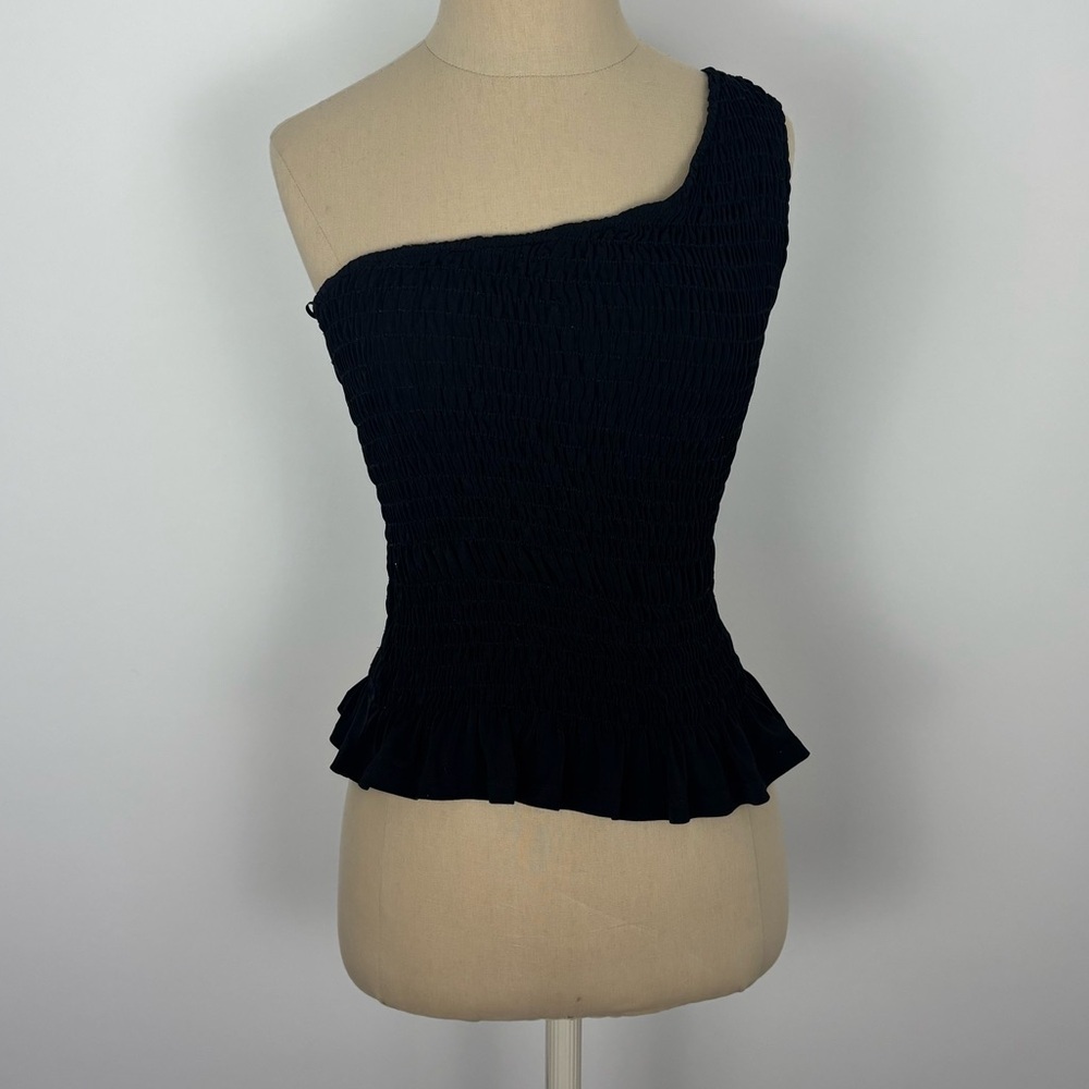 Aqua One Shoulder Ruched Top Black Ruffle M
